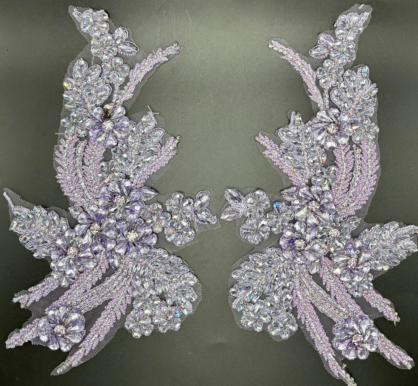 Handmade rhinestone pair appliqué, various colors, elegant 11-inch design.
