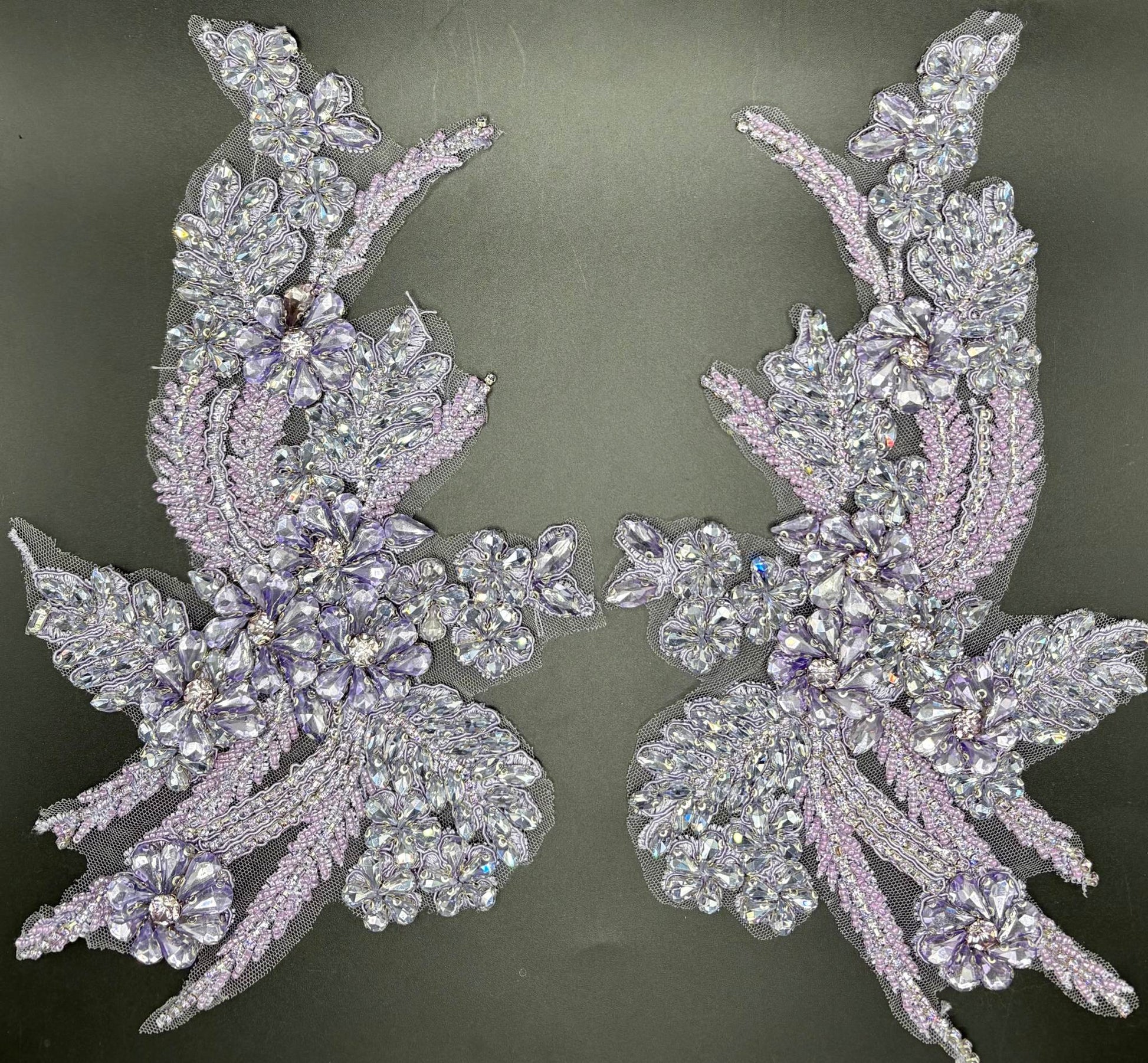 Handmade rhinestone pair appliqué, various colors, elegant 11-inch design.