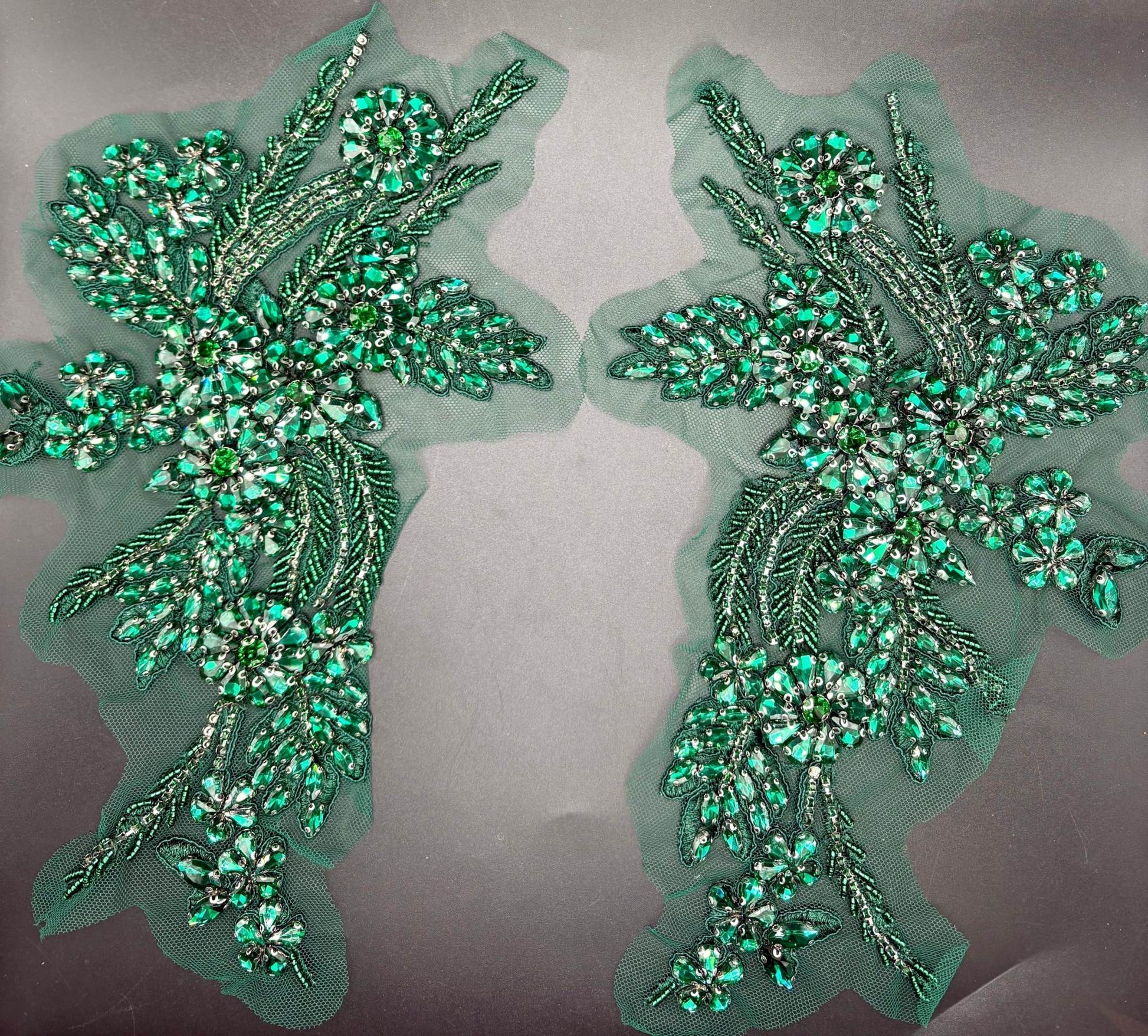 Handmade green rhinestone appliqué pair, approx. 11 inches, for elegant embellishments.