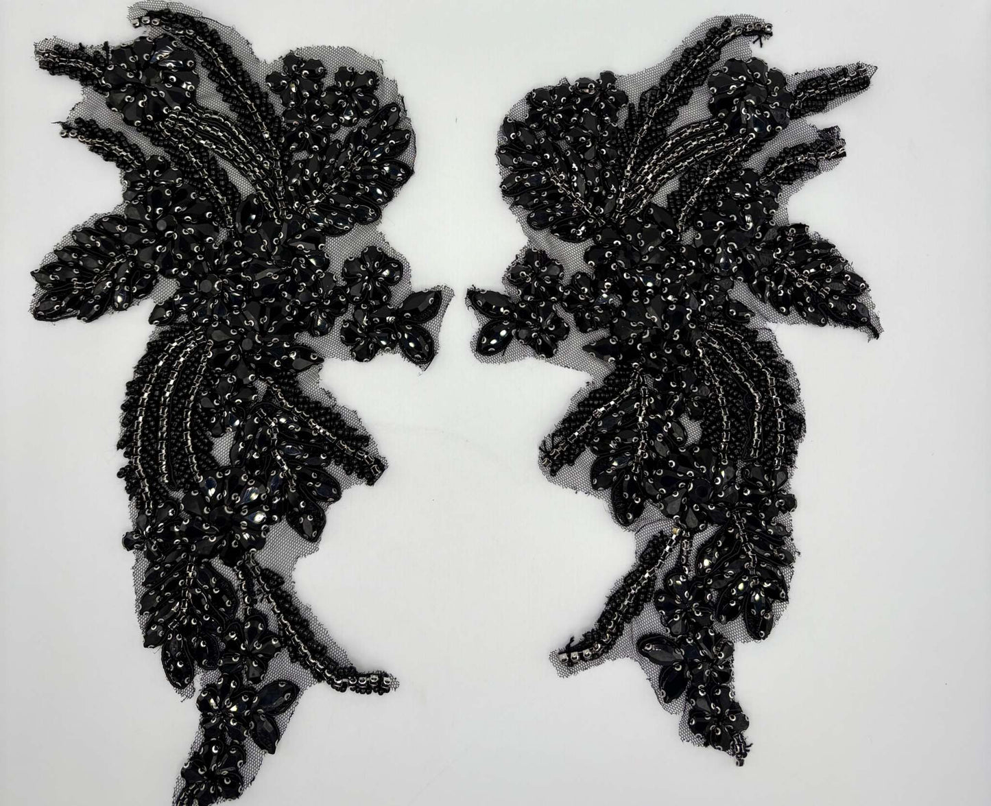 Handmade rhinestone appliqué pair in black, approx. 11 inches, intricately designed for elegant projects.