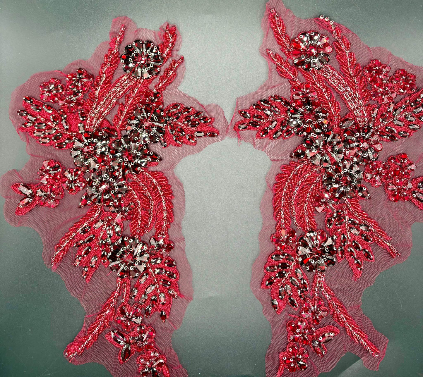 Handmade rhinestone applique pair in red, intricate design, 11 inches long.