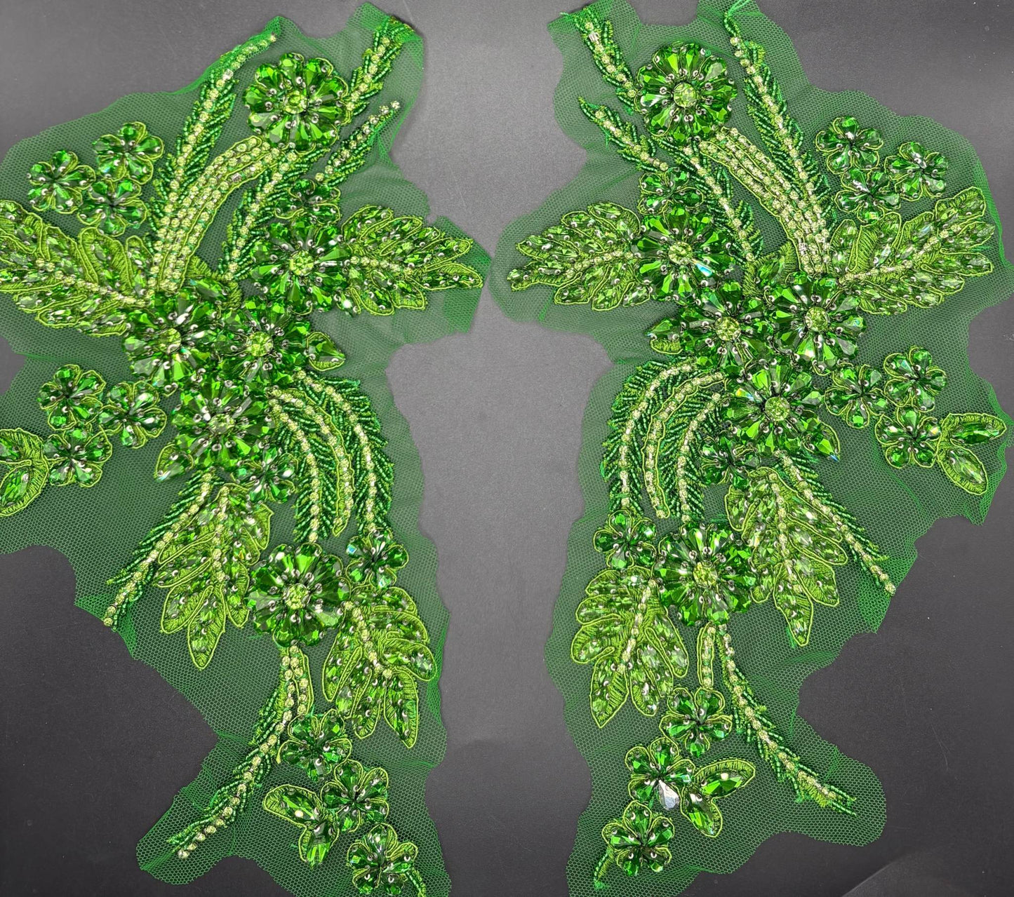 Handmade rhinestone applique pair in green, 11 inches, intricate design.