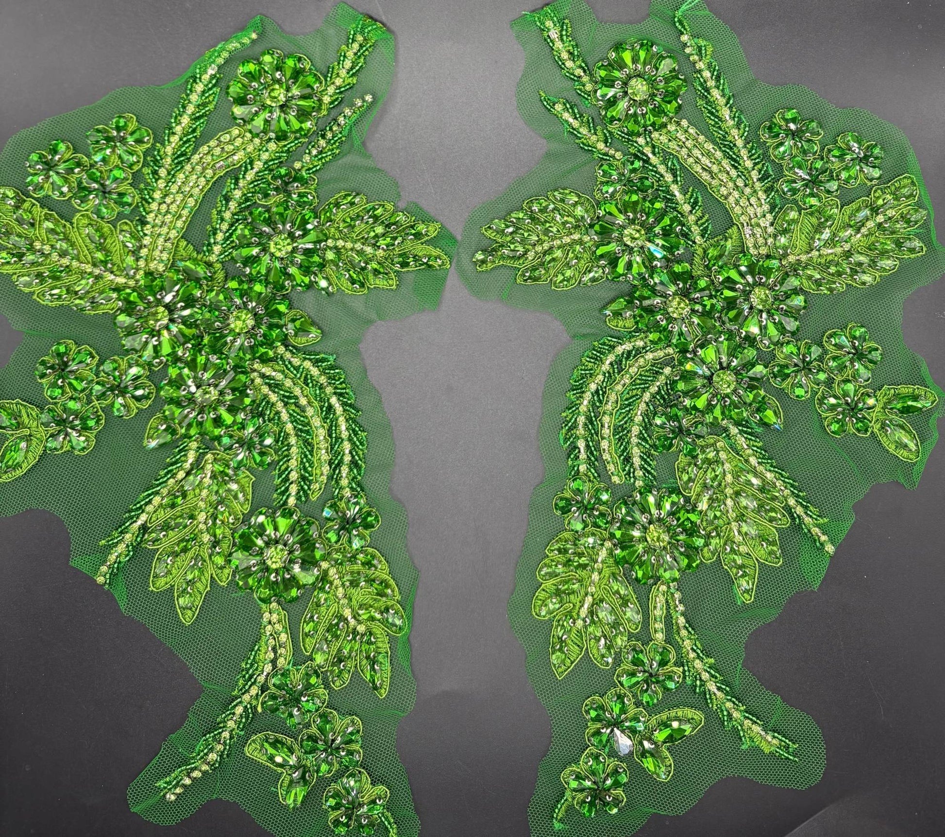 Handmade rhinestone applique pair in green, 11 inches, intricate design.