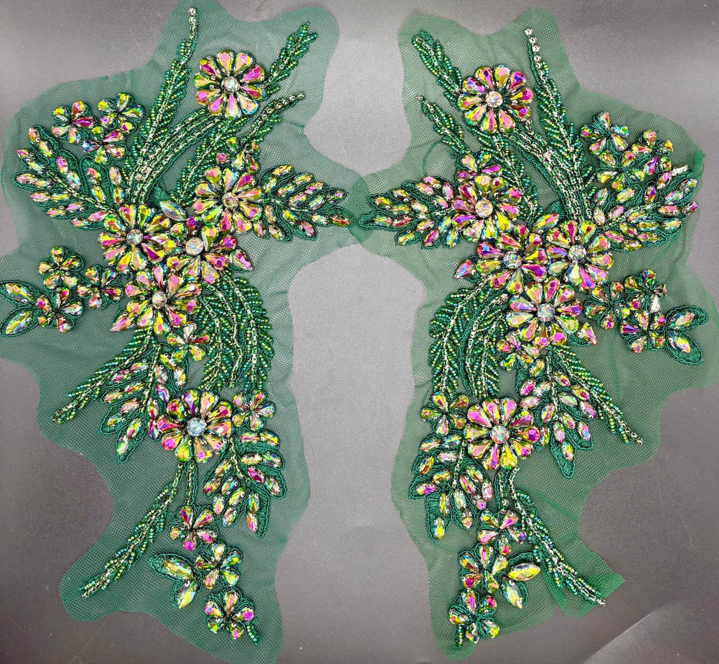 Handmade rhinestone pair applique in various colors, intricate floral design, 11 inches in length.