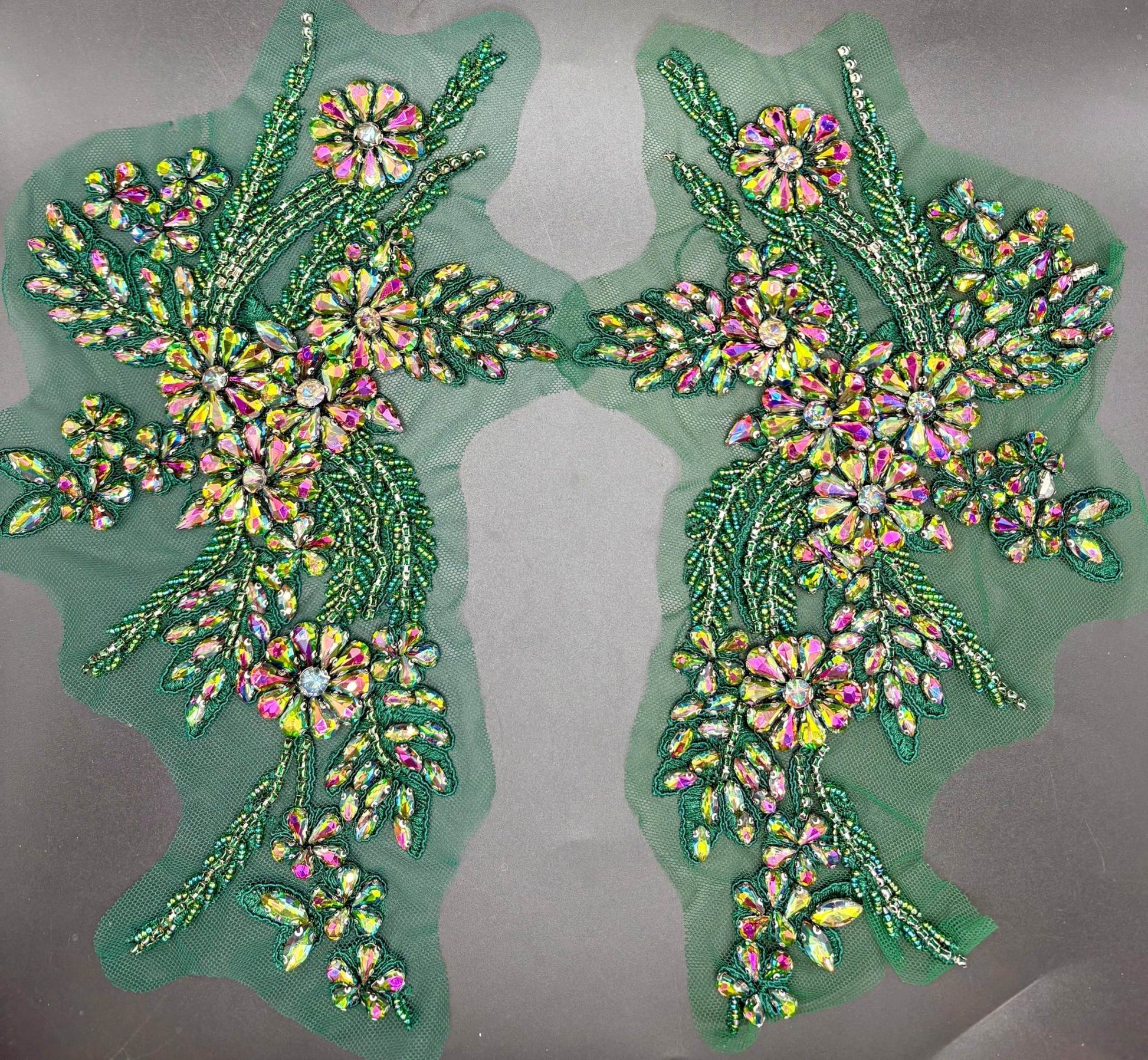 Handmade rhinestone pair applique in various colors, intricate floral design, 11 inches in length.