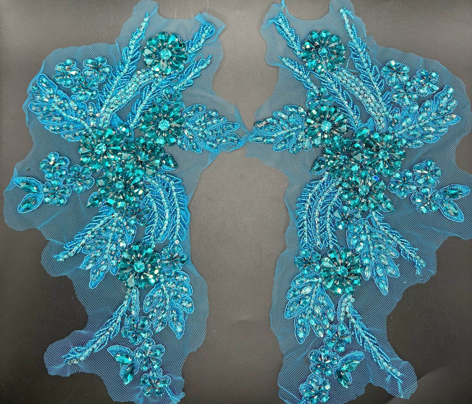 Handmade Rhinestone Applique Pair in blue, 11-inch intricate design for elegant accents.