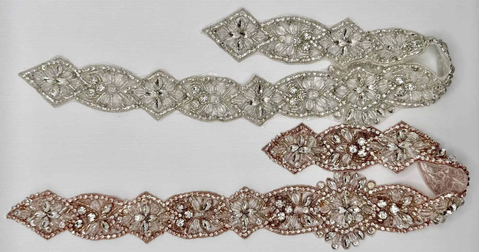 "Lacey" Rhinestone bridal belt with handmade rhinestone, pearl, and glass bead appliqué.