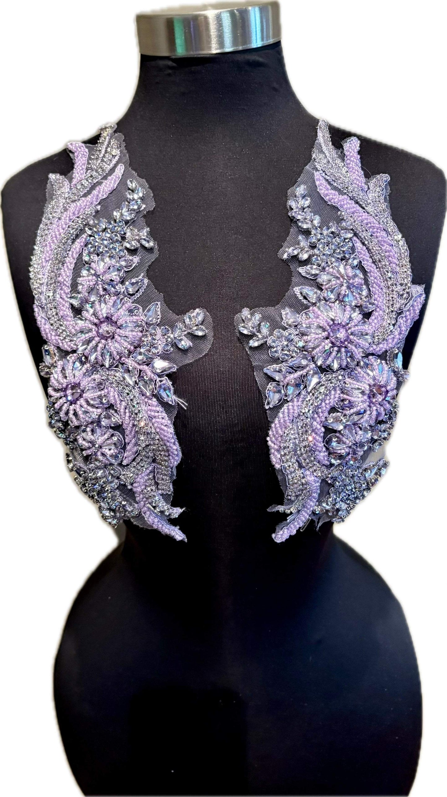 Handmade rhinestone and glass bead appliqué pair on mannequin, 14 inches, elegant design.