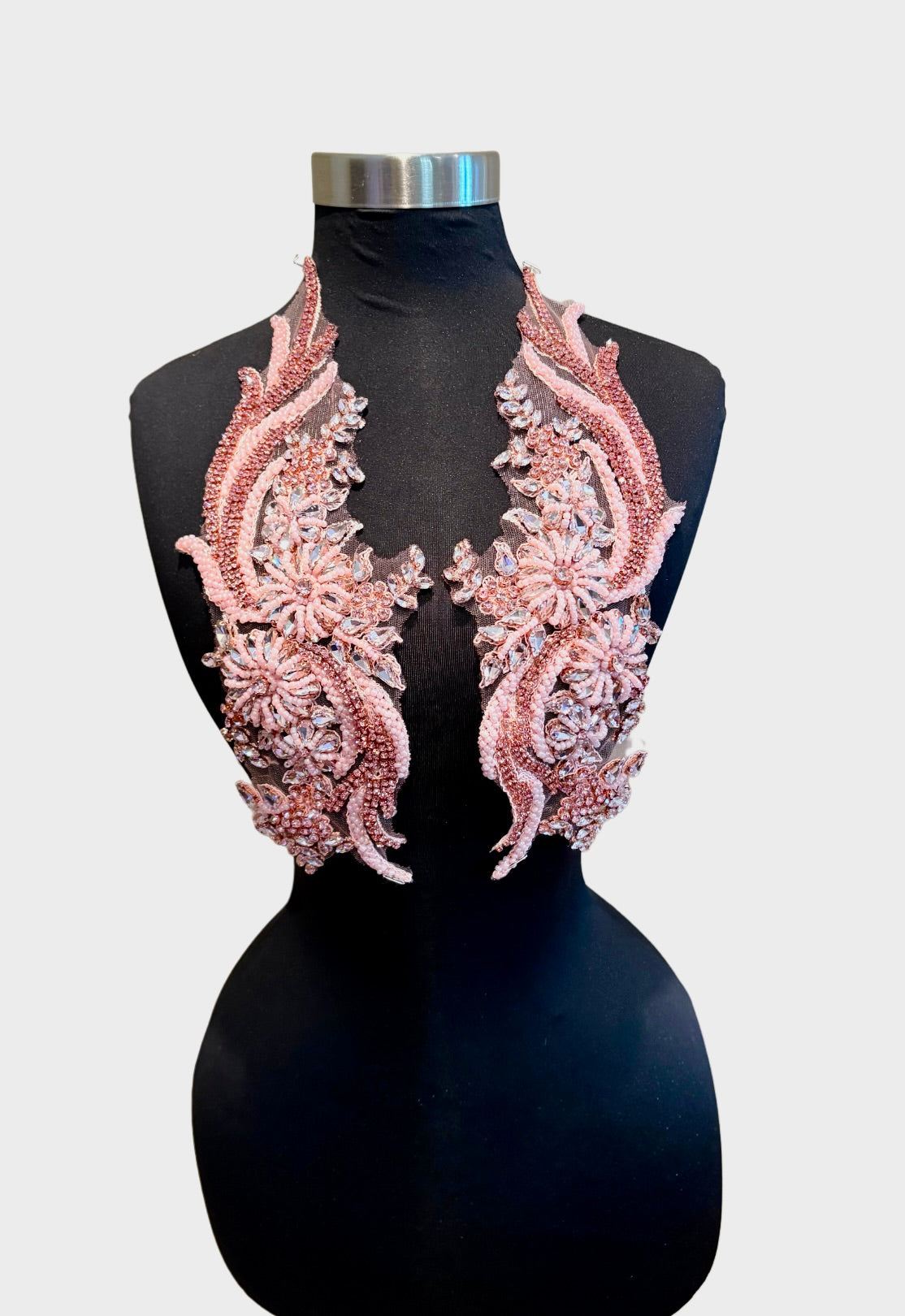 Handmade rhinestone and glass bead appliqué pairs, 14-inch luxurious design for garments and accessories.