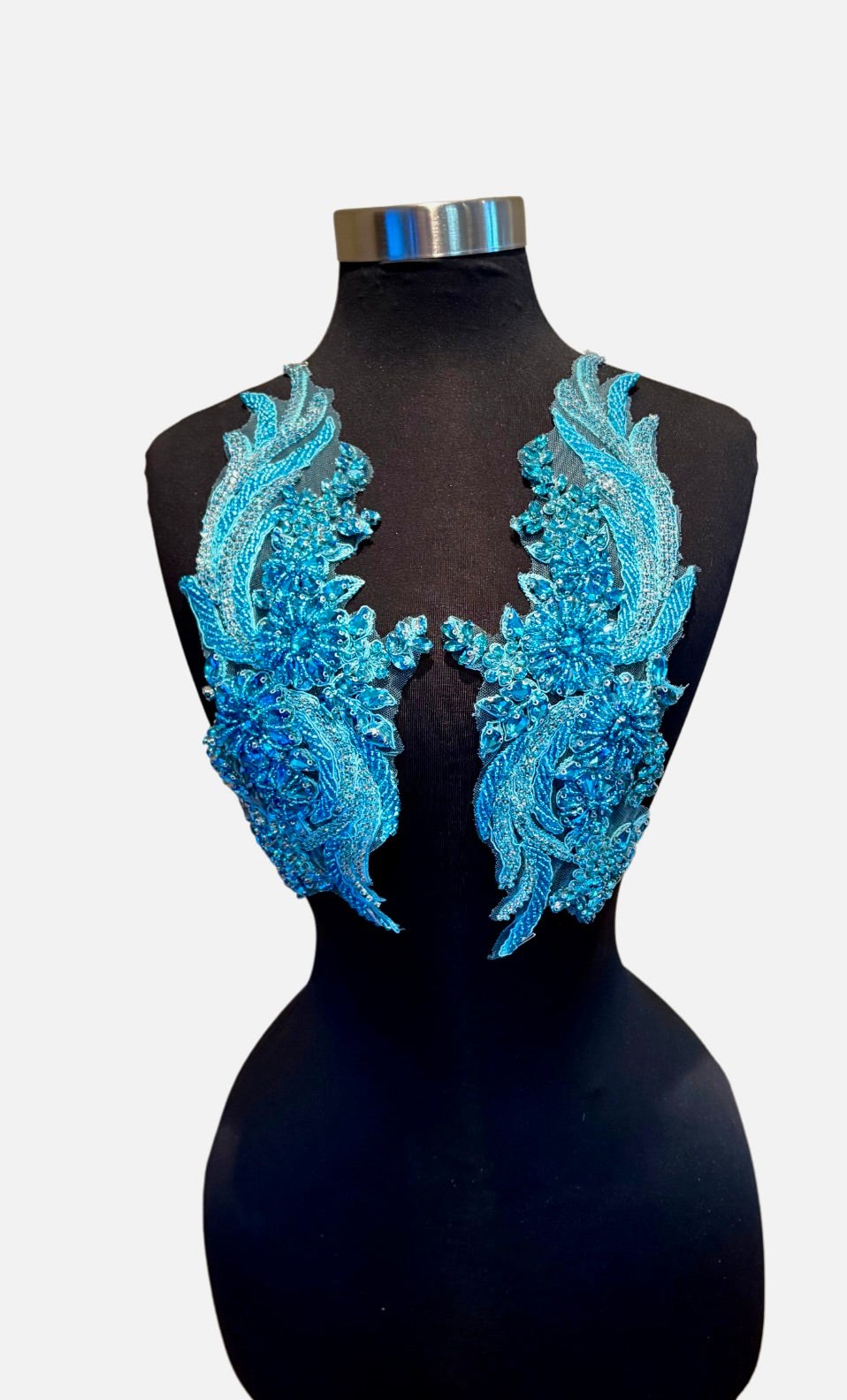 Handmade Rhinestone and Glass Bead Appliqué Pair on Display Mannequin