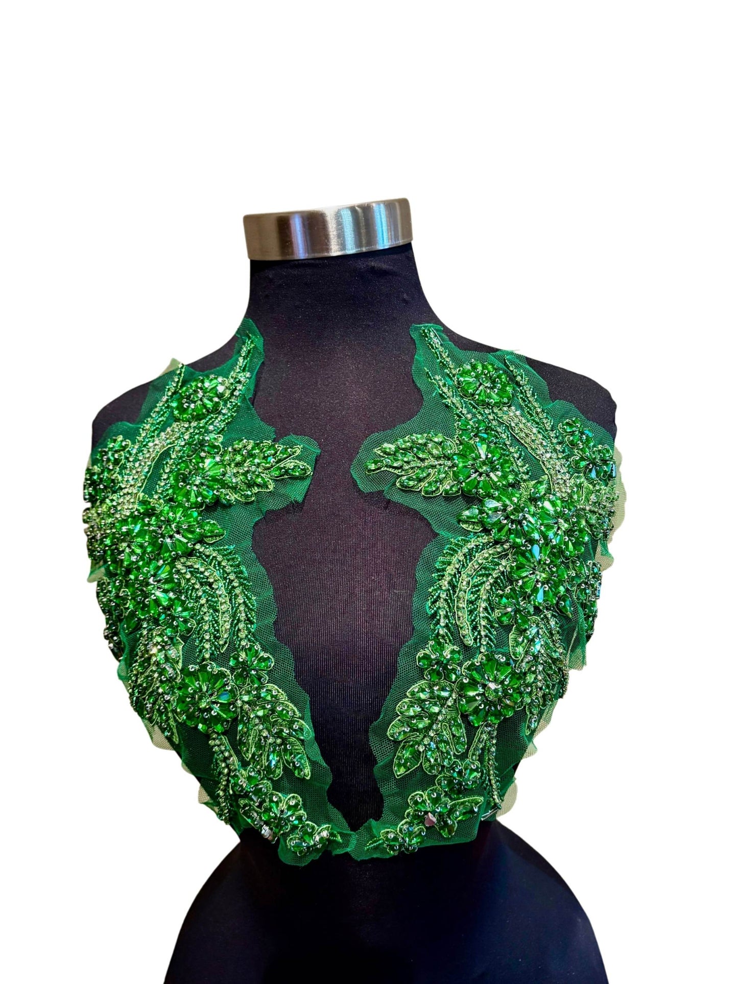Handmade rhinestone applique pair in green, approx. 11 inches, elegant and versatile for garments or accessories.