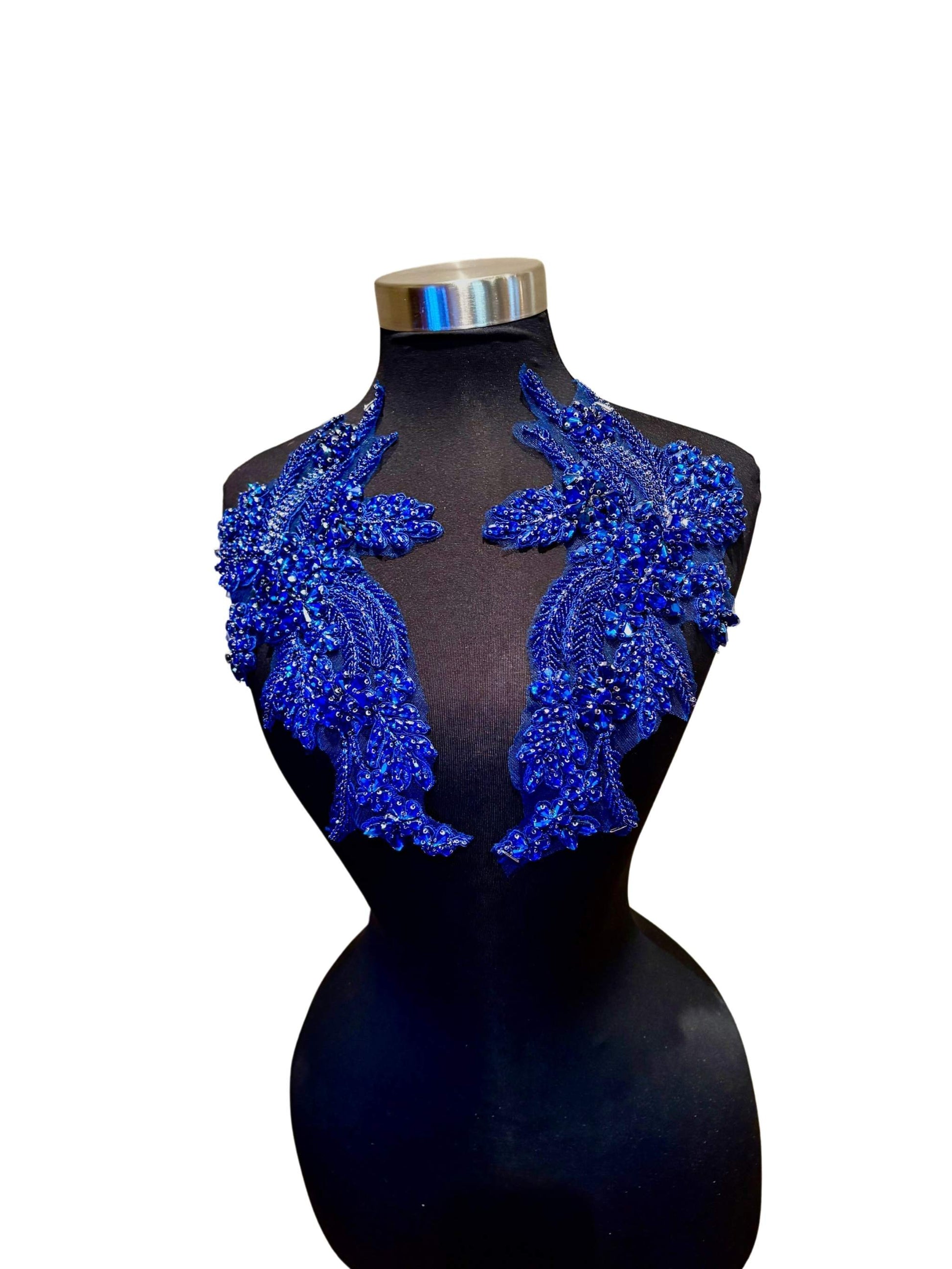 Handmade rhinestone applique pair in blue, approximately 11 inches long, on a mannequin.